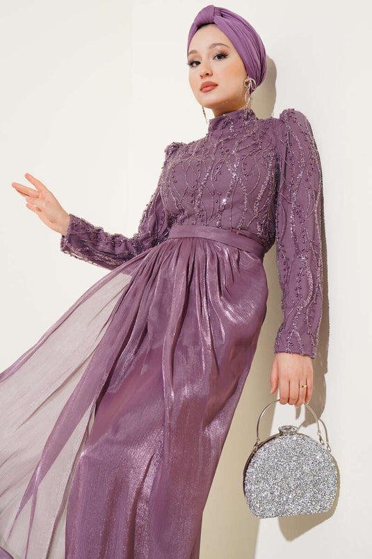 Sequined Stone Belted Evening Dress Magenta