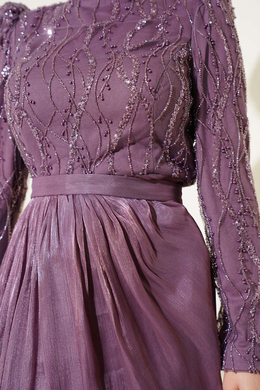 Sequined Stone Belted Evening Dress Magenta