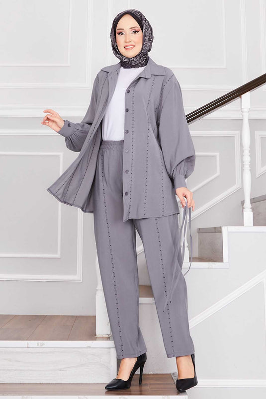 Punto Dikişli Gömlek ve Pantolon Takım Gri