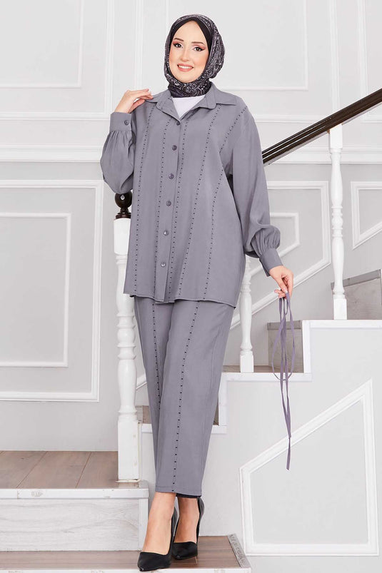 Punto Dikişli Gömlek ve Pantolon Takım Gri