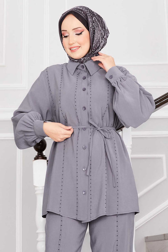 Punto Dikişli Gömlek ve Pantolon Takım Gri