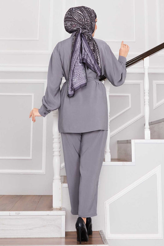 Punto Dikişli Gömlek ve Pantolon Takım Gri
