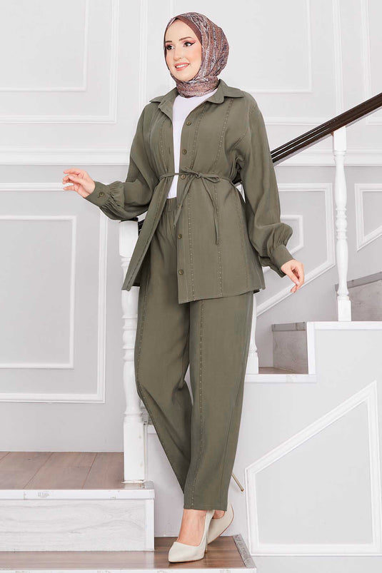 Point Stitched Shirt and Trouser Set Khaki