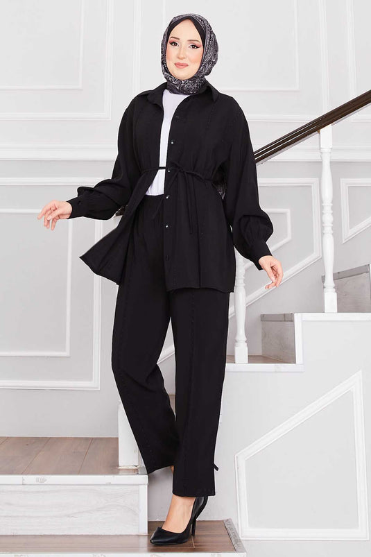 Punto Dikişli Gömlek ve Pantolon Takım Siyah