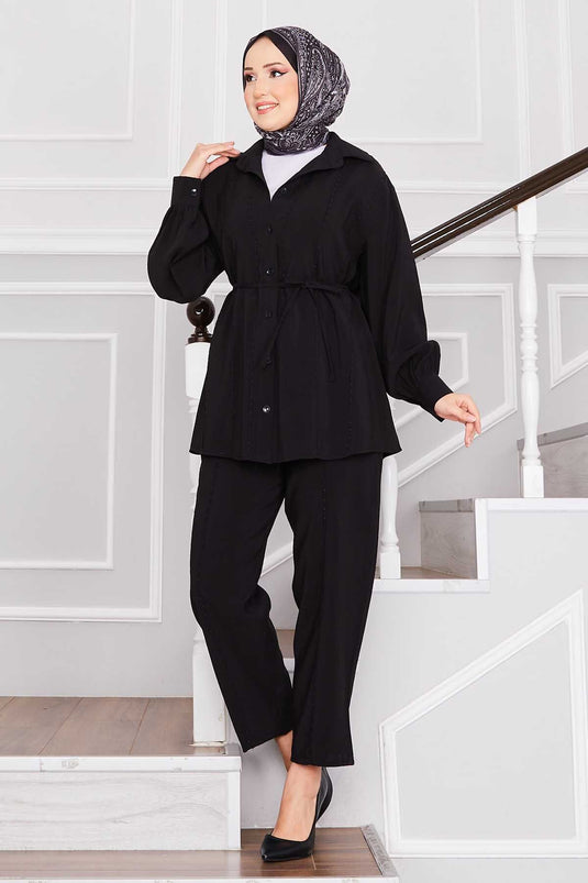 Punto Dikişli Gömlek ve Pantolon Takım Siyah