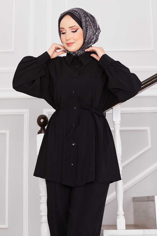 Punto Dikişli Gömlek ve Pantolon Takım Siyah