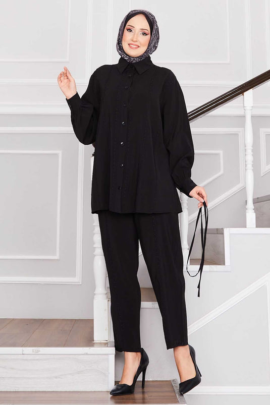 Punto Dikişli Gömlek ve Pantolon Takım Siyah