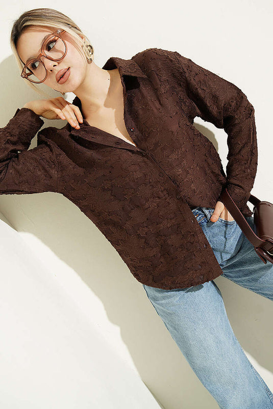 Chemise transparente à motif floral avec franges, couleur café