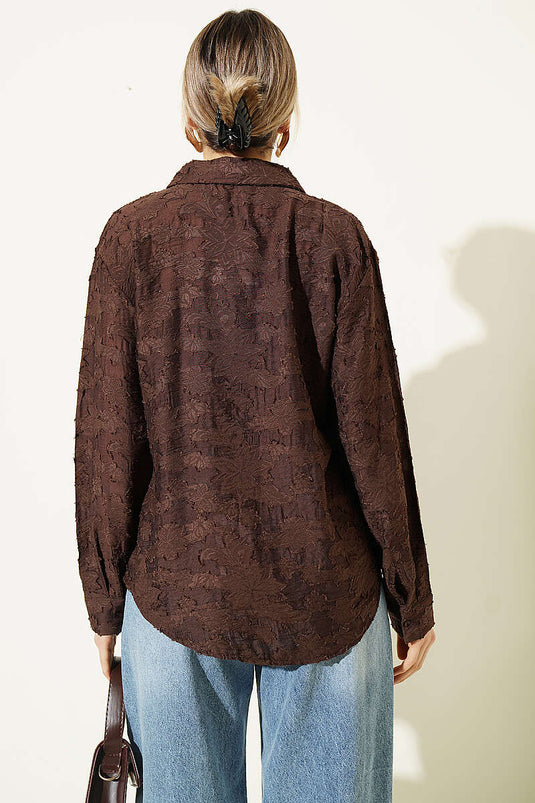 Chemise transparente à motif floral avec franges, couleur café