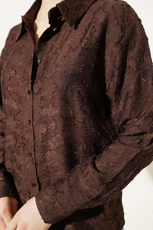 Chemise transparente à motif floral avec franges, couleur café