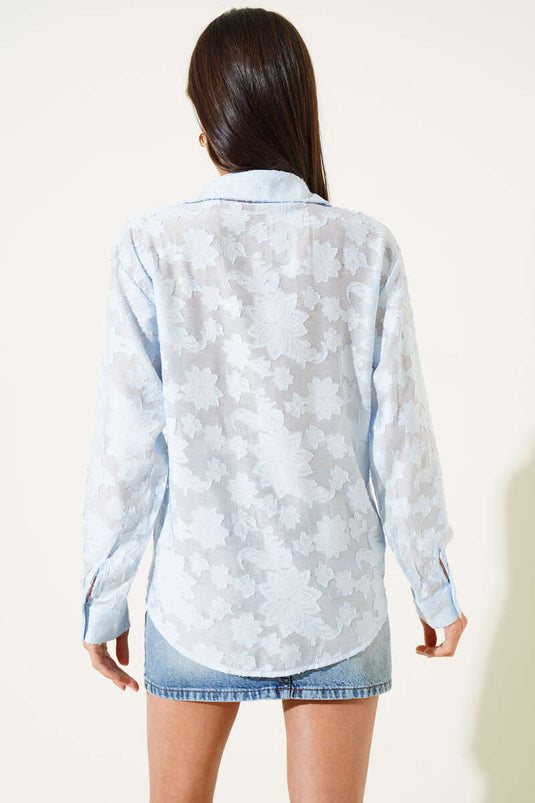 Tassel Flower Pattern Transparent Shirt Blue