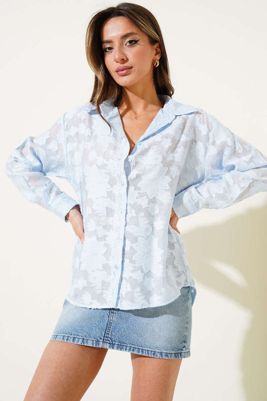Tassel Flower Pattern Transparent Shirt Blue