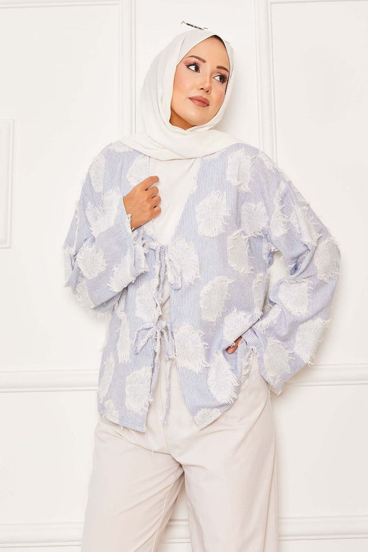 Püskül Detay Önü Bağlamalı Kimono İndigo
