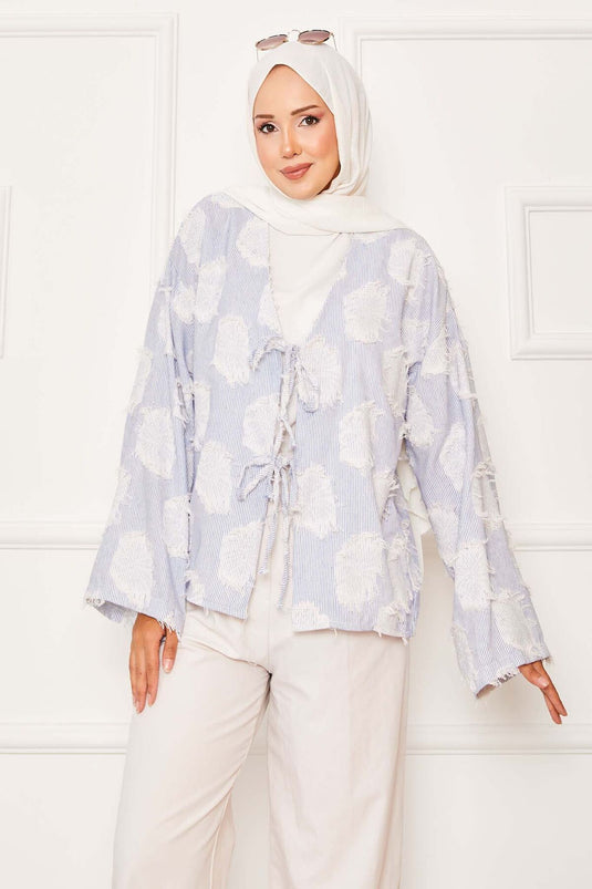 Püskül Detay Önü Bağlamalı Kimono İndigo
