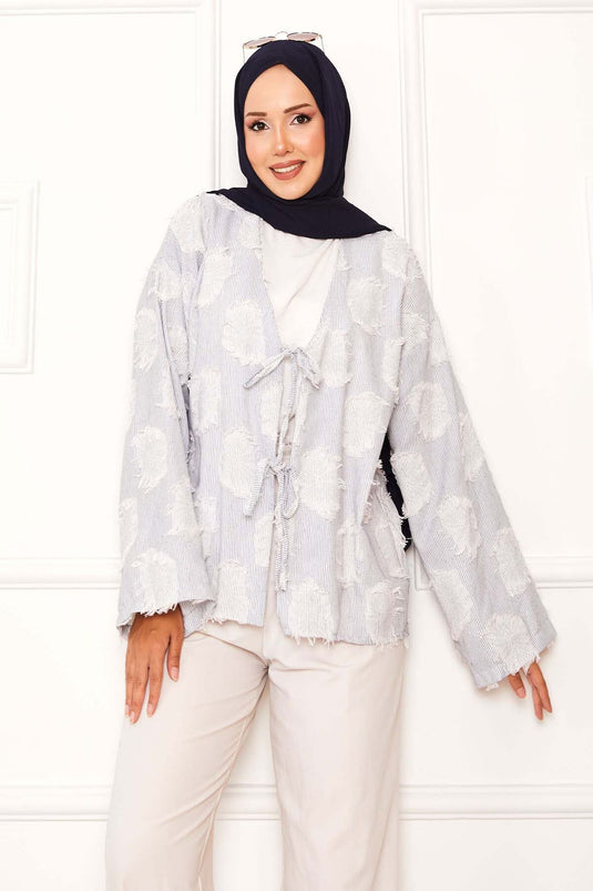 Püskül Detay Önü Bağlamalı Kimono Lacivert