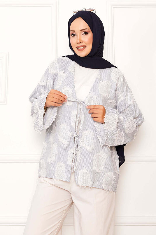 Püskül Detay Önü Bağlamalı Kimono Lacivert