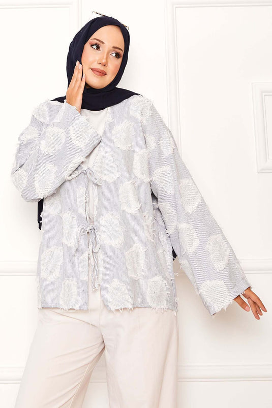 Kimono noué devant à détails de pompons bleu marine