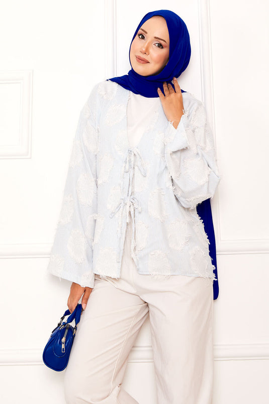 Püskül Detay Önü Bağlamalı Kimono Mavi