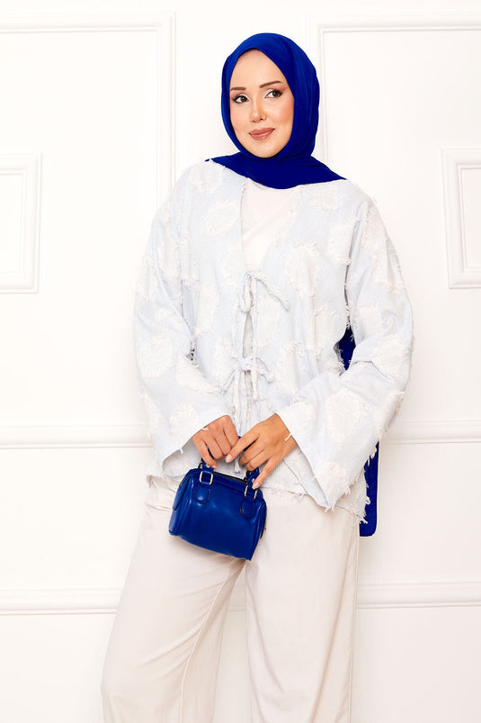 Püskül Detay Önü Bağlamalı Kimono Mavi
