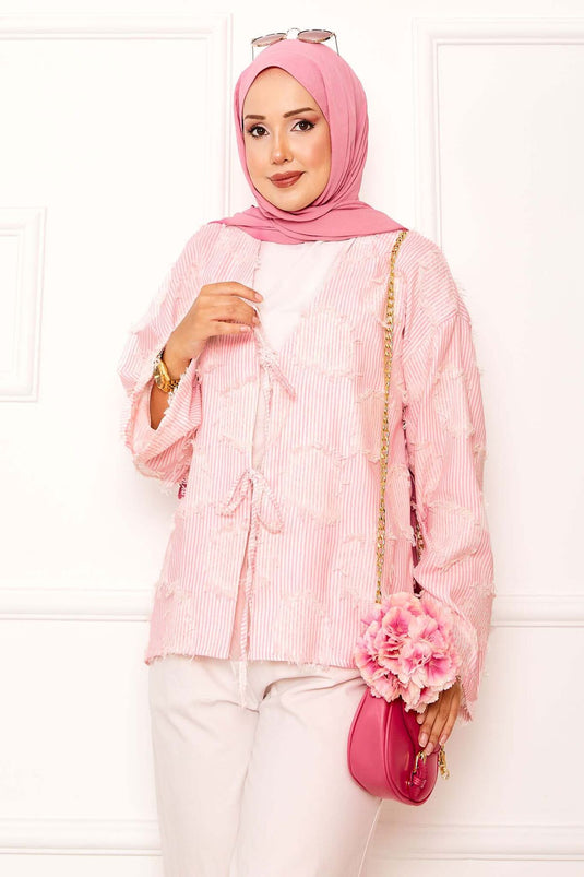 Püskül Detay Önü Bağlamalı Kimono Pembe