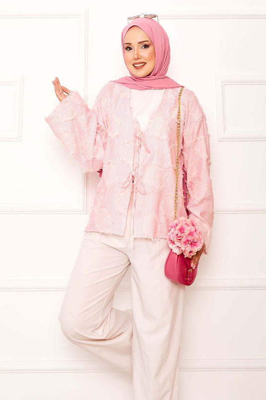Püskül Detay Önü Bağlamalı Kimono Pembe