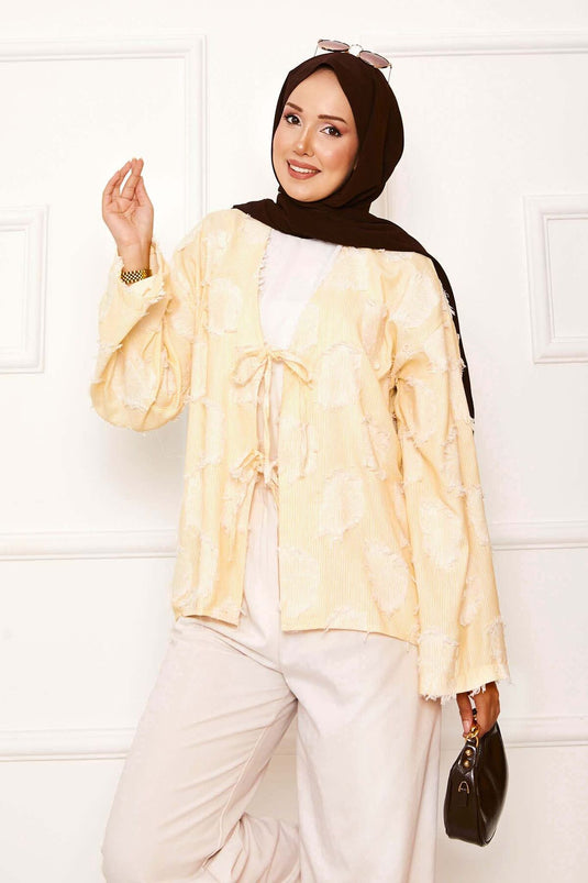 Püskül Detay Önü Bağlamalı Kimono Sarı