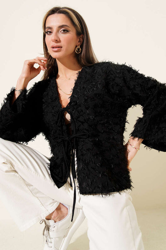 Püskül Detaylı Bağcıklı Kimono Siyah