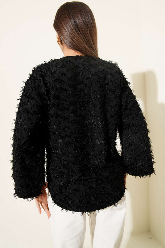 Püskül Detaylı Bağcıklı Kimono Siyah