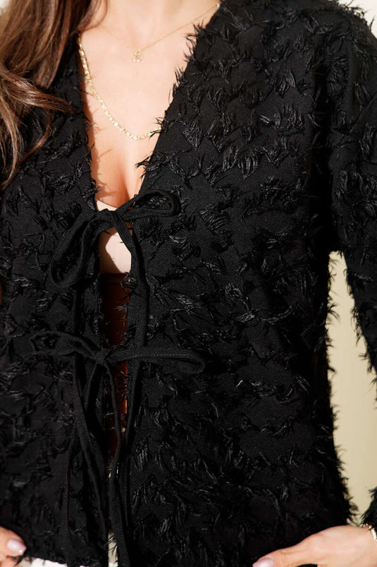 Püskül Detaylı Bağcıklı Kimono Siyah