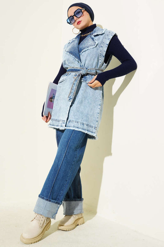 Tassel Detailed Pocket Flap Denim Vest Denim Blue