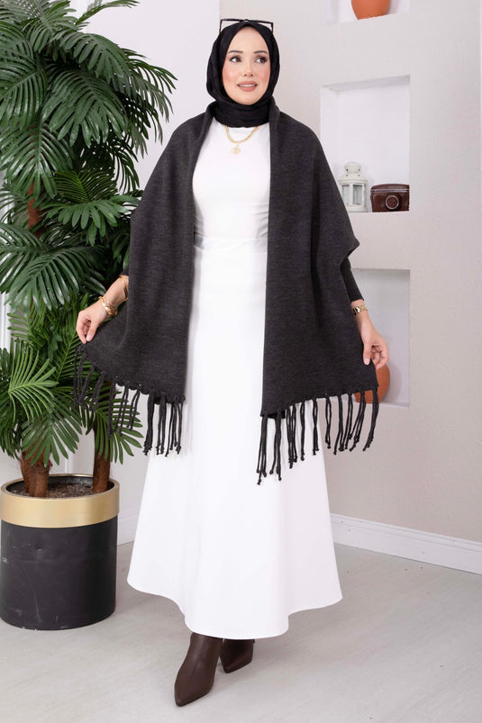 Poncho In Maglia Con Maniche Con Frange Color Antracite