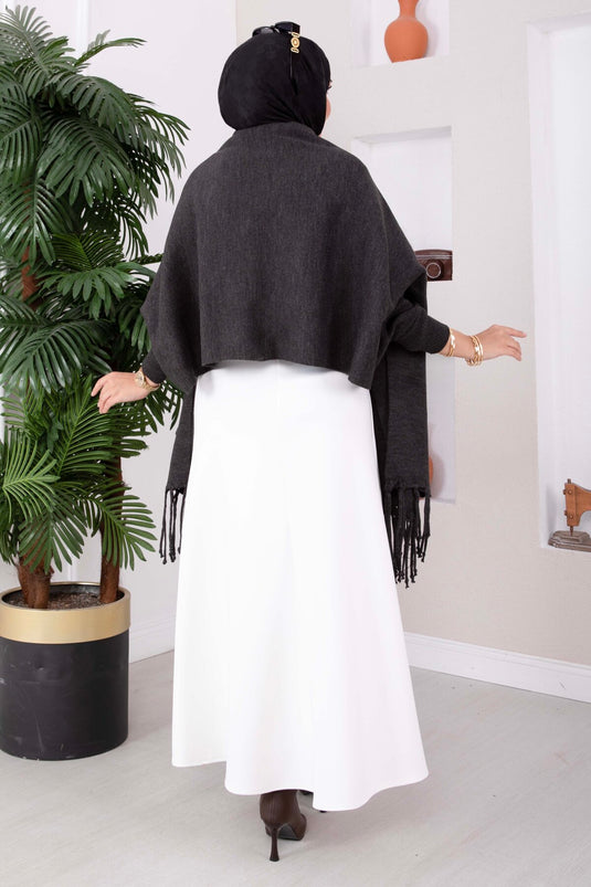 Poncho In Maglia Con Maniche Con Frange Color Antracite
