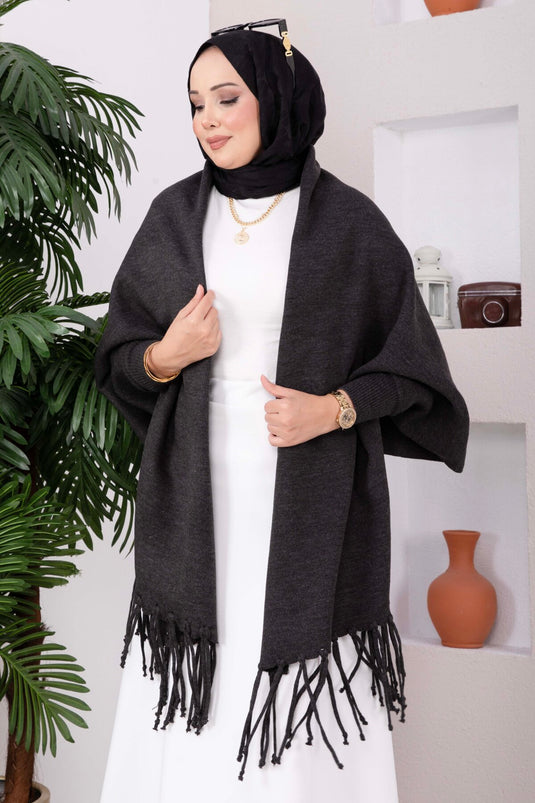 Poncho In Maglia Con Maniche Con Frange Color Antracite