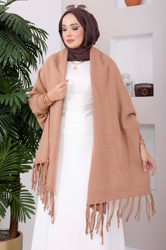 Cape En Maille À Manches Perlées En Mink