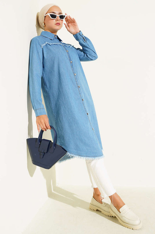 Tunique hijab longue bleu denim avec détails à pompons