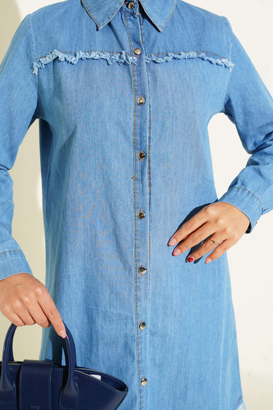 Tunique hijab longue bleu denim avec détails à pompons