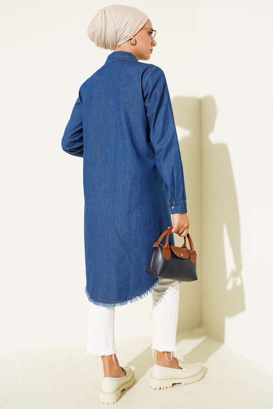 Püskül Detaylı Kot Uzun Tesettür Tunik