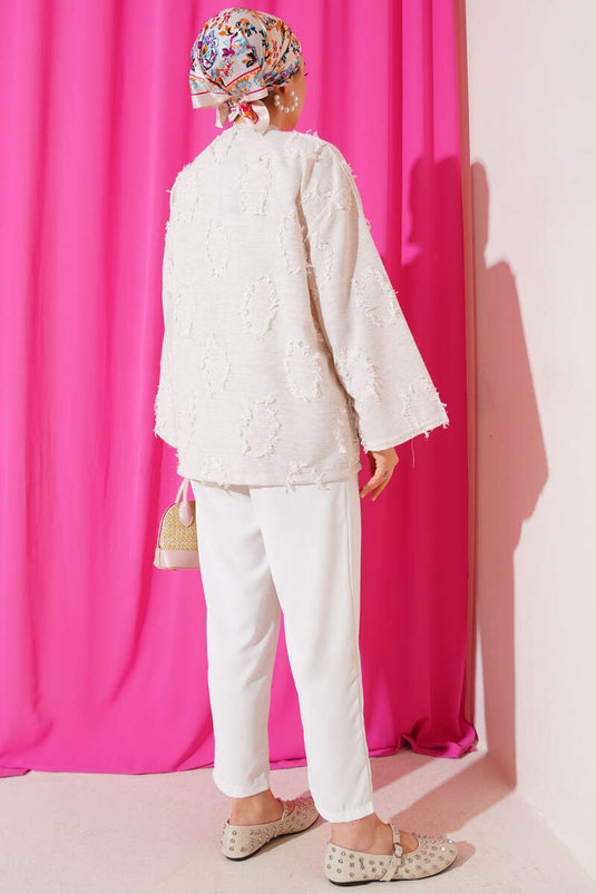 Püskül Detaylı Önü Bağlamalı Kimono Bej