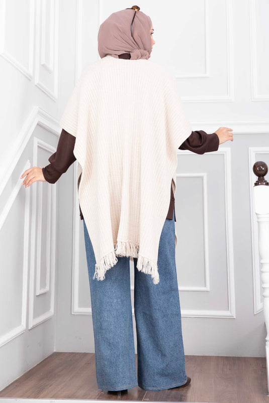 Beige Fransen Strickcape