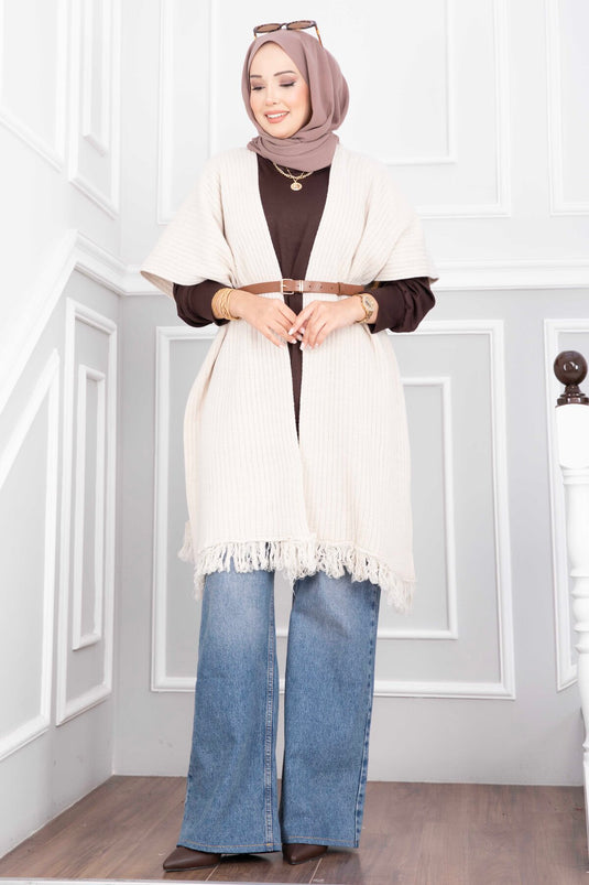 Beige Fransen Strickcape