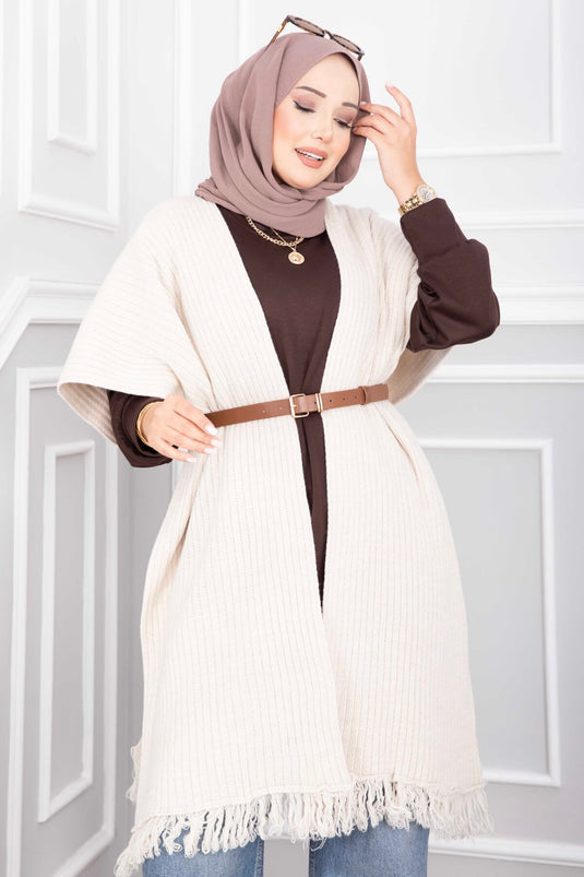 Beige Fransen Strickcape