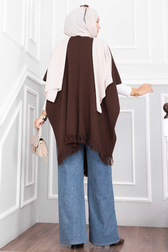 Beaded Tassel Knit Poncho In Brown