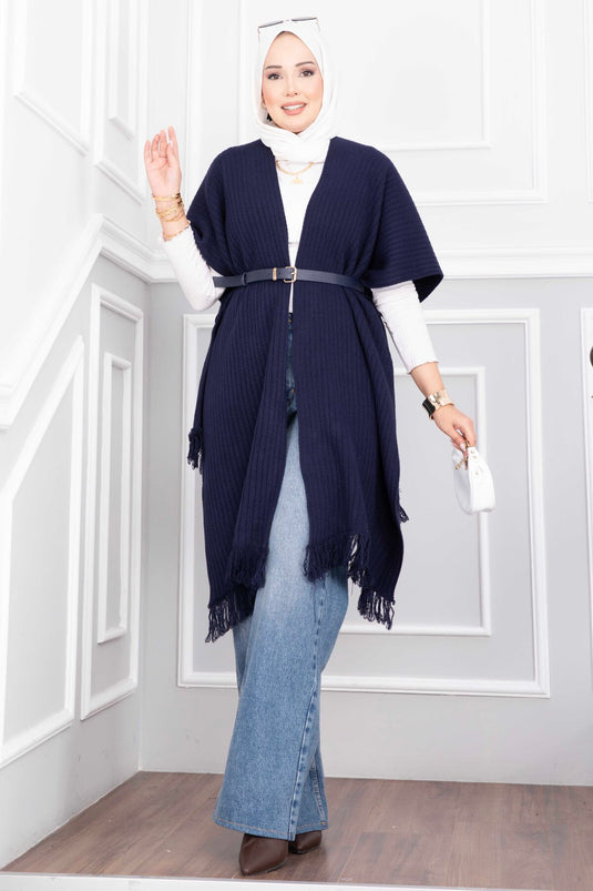 Blauer Strickcape Mit Fransen