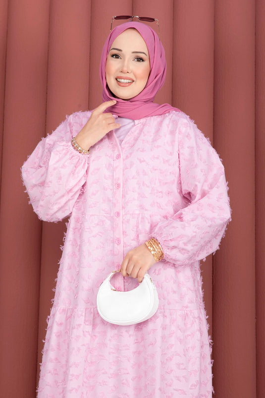 Püskül Dokulu Düğmeli Kat Kat Elbise Pembe