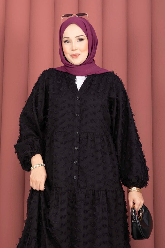 Püskül Dokulu Düğmeli Kat Kat Elbise Siyah