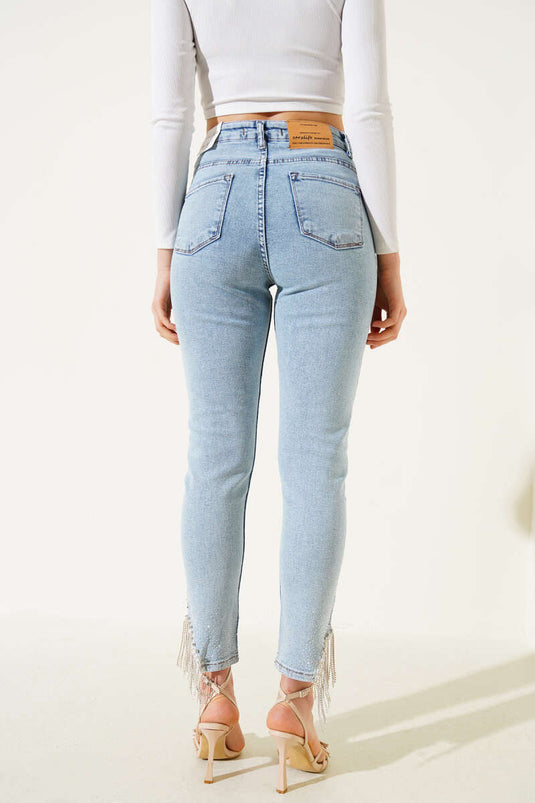 Tassel Stoned Skinny Leg Jeans Light Snow