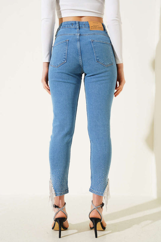 Tassel Stoned Skinny Leg Jeans Blue