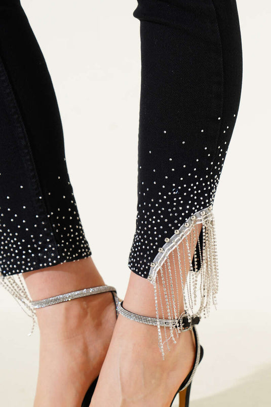 Tassel Stoned Skinny Leg Jeans Black