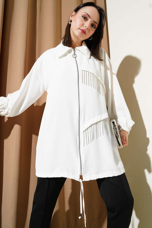 Püskül Taşlı Fermuarlı Kap Ekru