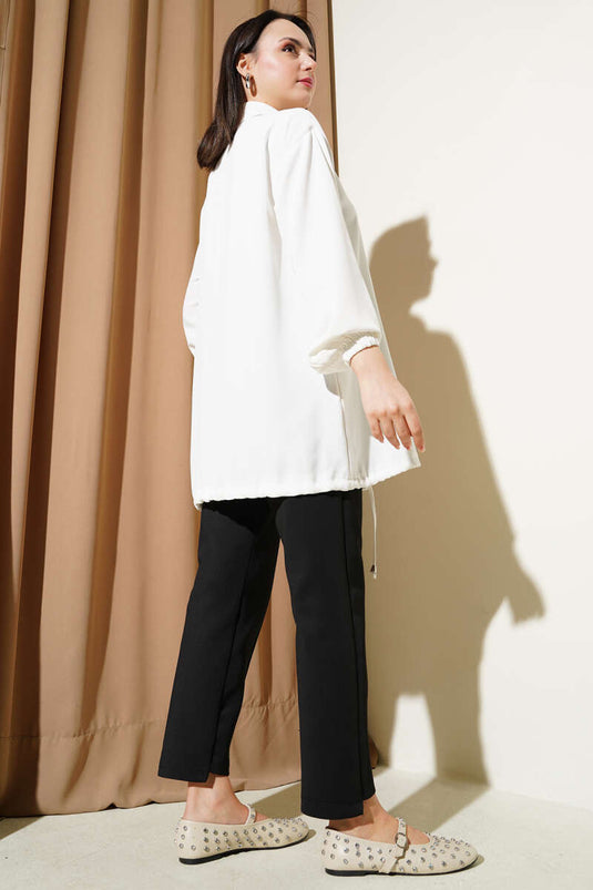 Püskül Taşlı Fermuarlı Kap Ekru